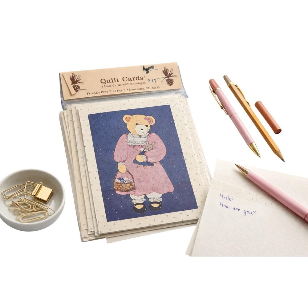 Vintage 90s Teddy Bear‎ Note Card Set of 8 Cottagecore Folk Art Stationery